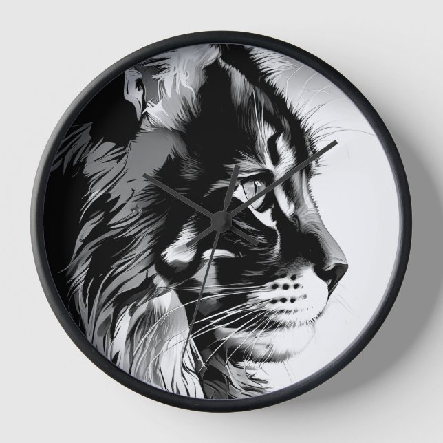 Maine Coon Wall Clock: Black & White Cat Home Deco Uhr (Vorderseite)