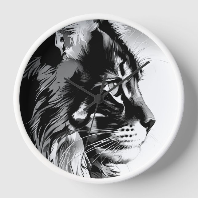 Maine Coon Wall Clock: White Frame Cat Home Decor Uhr (Vorderseite)