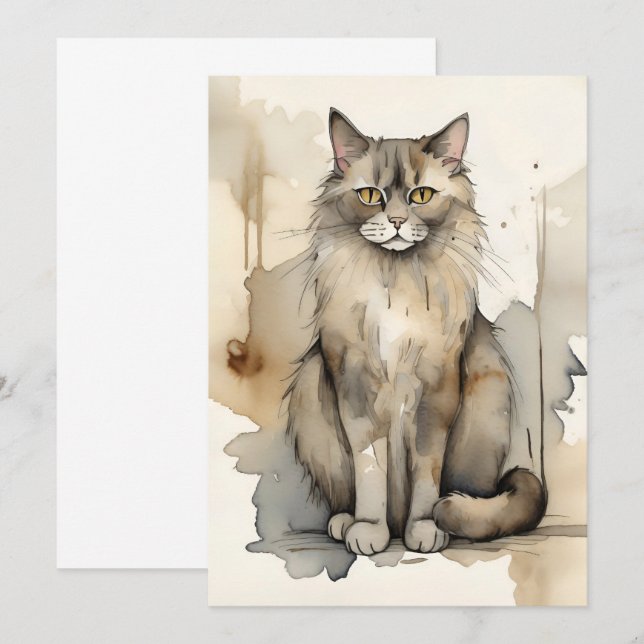 Maine Coon Watercolor Illustration Einladung (Vorne/Hinten)