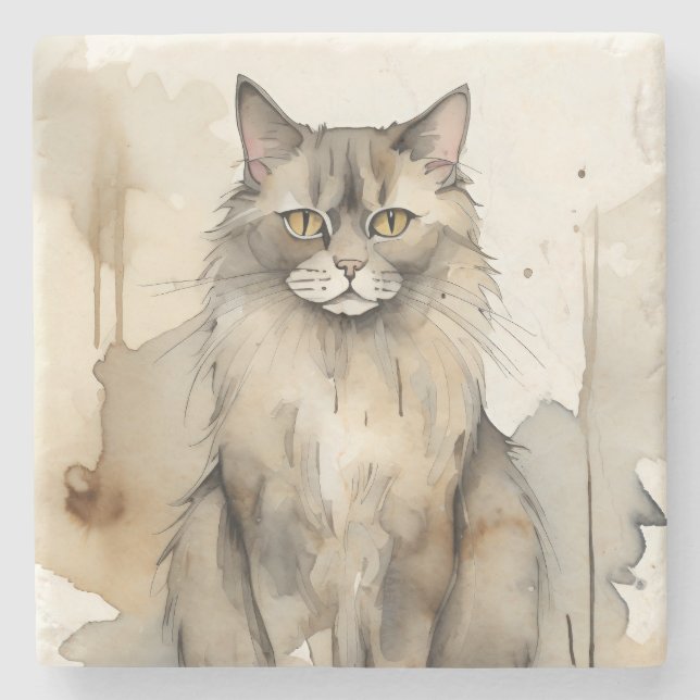 Maine Coon Watercolor Illustration Steinuntersetzer (Vorderseite)