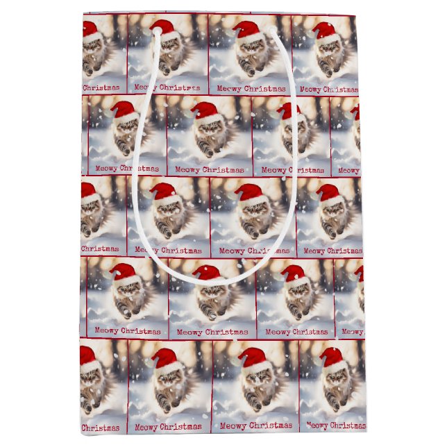 Maine Coon Weihnachtskatze im Schnee Mittlere Geschenktüte (Vorderseite)