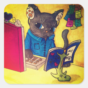 Maine Coon Writer Cat Quadratischer Aufkleber