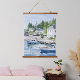 Maine Harbor New Jersey Aquarell-Kunst Wandteppich Mit Holzrahmen