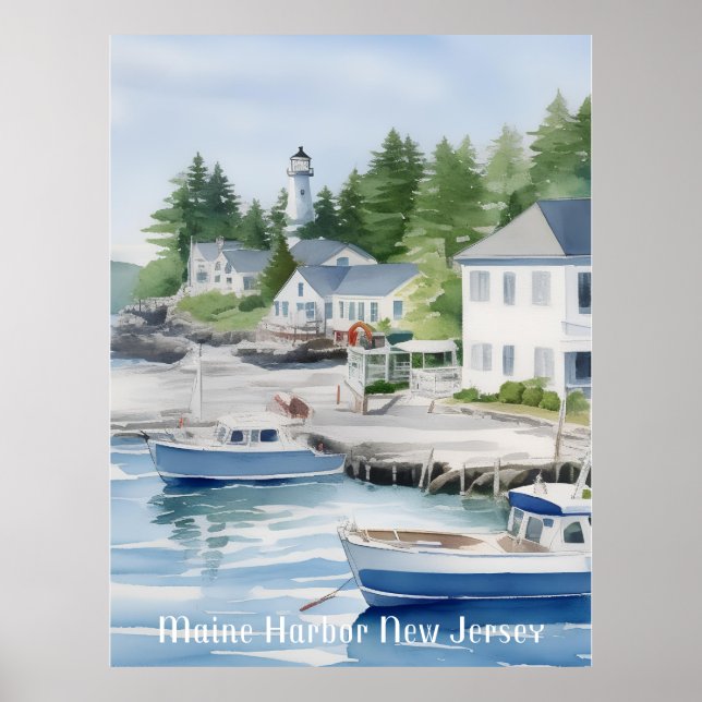 Maine Harbour New Jersey Wasserfarben Kunst Poster (Vorne)