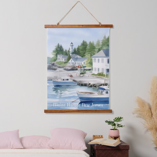 Maine Harbour New Jersey Wasserfarben Kunst Wandteppich Mit Holzrahmen (Schlafzimmer)