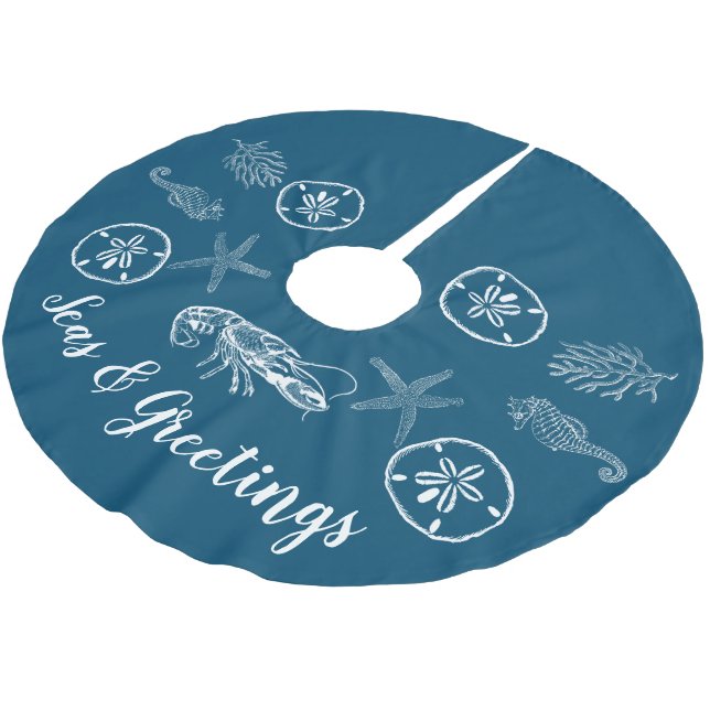 Maine Hummer und Muscheln Baumrock Polyester Weihnachtsbaumdecke (Schrägansicht)