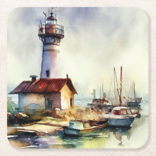 Maine Leuchtturm und Boote Wasserfarbene Kunst, Di Rechteckiger Pappuntersetzer