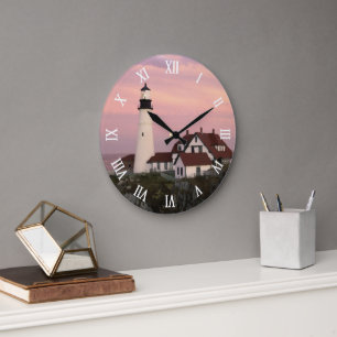 Maine-Leuchtturm-Wasserfarben-Malstil Große Wanduhr