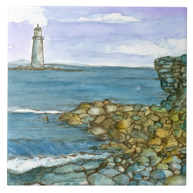 Maine Lighthouse Rocky Coastline Ozean Fliese (Vorderseite)