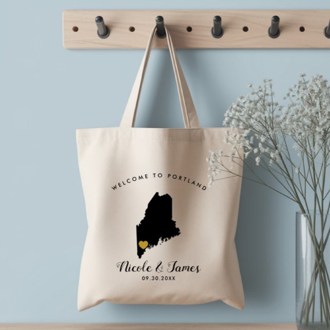 Maine Map Wedding Welcome Bag Tasche, Black & Gold Tragetasche (Von Creator hochgeladen)