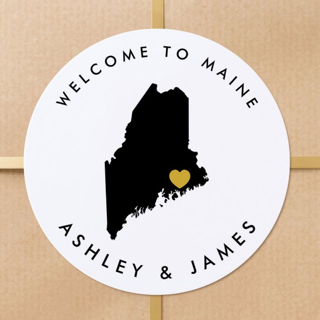 Maine Map Wedding Welcome Sticker Tag, Black Gold (Von Creator hochgeladen)