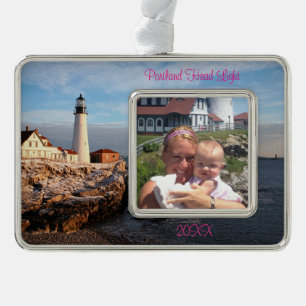 Maine Urlaub Familienfoto Portland Head Light Rahmen-Ornament Silber