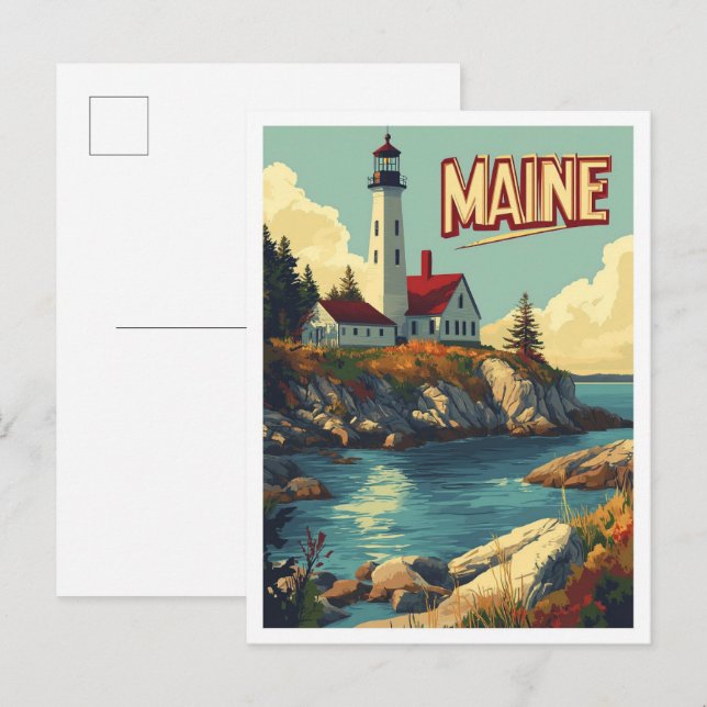 Maine USA Art Vintag Illustration Travel Postkarte (Vorne/Hinten)