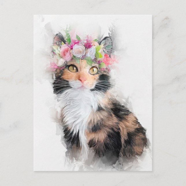 Mainecoon Cat Blume Crown Portrait Postkarte (Vorderseite)