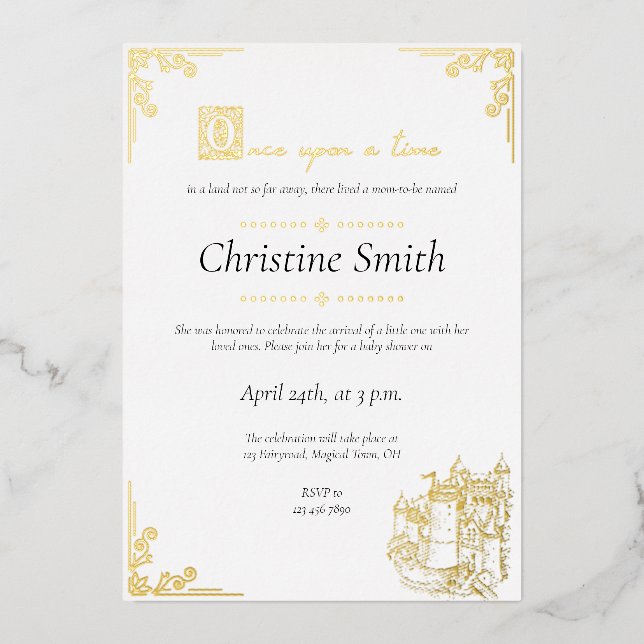 Mairy Tale Book Themed Book Gold Baby Dusche Folieneinladung (Vorderseite)