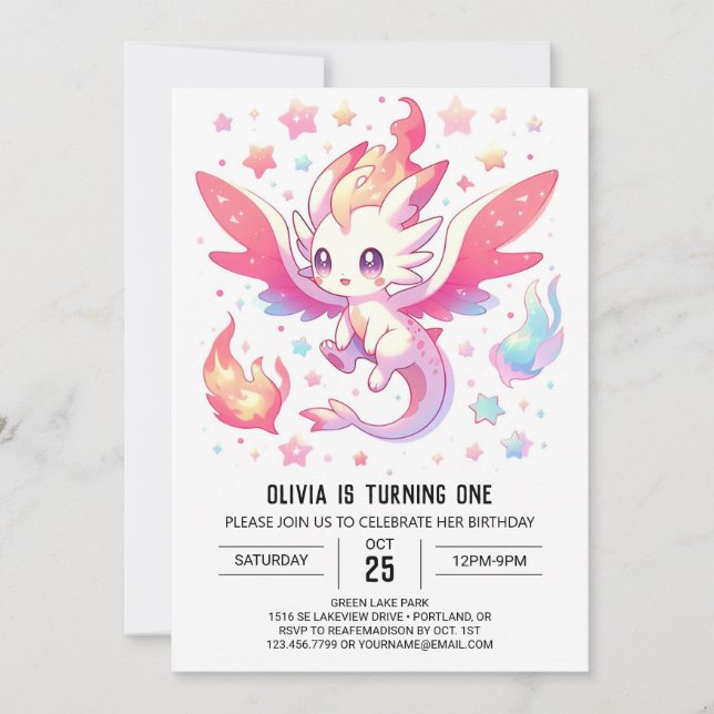 Mairytale Fiery Dragon 1. Geburtstag Einladung (Vorderseite)