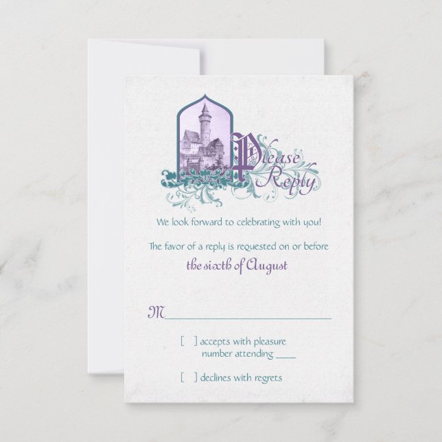 Mairytale Lila Aquamarines Schloss Hochzeit RSVP Karte (Vorderseite)