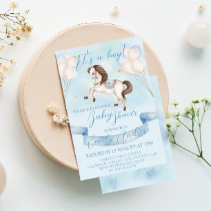 Mairytale Pony Stars Balloons Baby Shower Boy Einladung