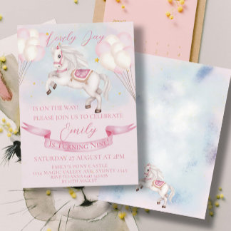 Mairytale Pony Stars Pink Balloons Geburtstagspart Einladung