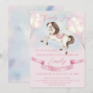 Mairytale Pony Stars Pink Balloons Geburtstagspart Einladung