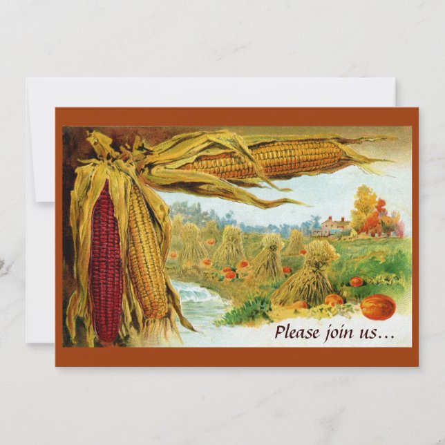 Mais und Pumpkins Vintager Erntedank Einladung (Vorderseite)