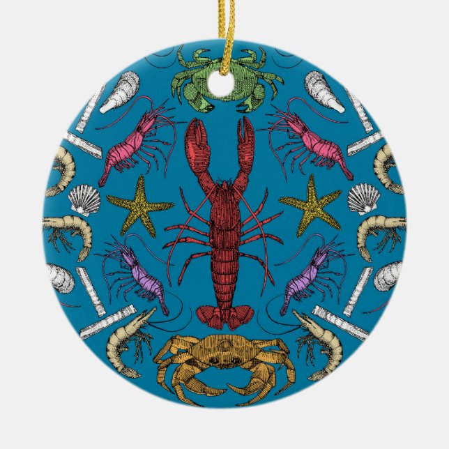 Maiskrustentiere und Damast Pop blau Keramik Ornament (Vorne)
