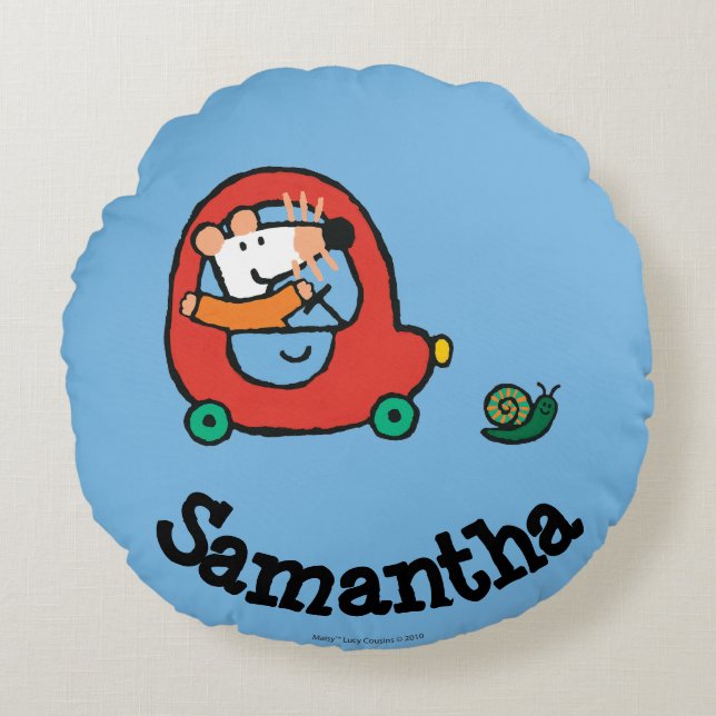 Maisy fährt ein Niedliches rotes Auto Rundes Kissen (Vorderseite)