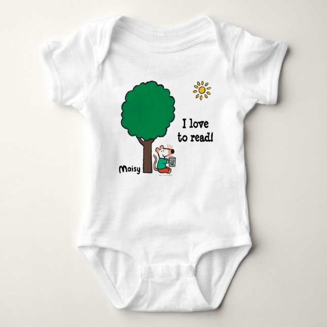 Maisy liest ihr Bibliotheksbuch im Freien Baby Strampler (Vorderseite)