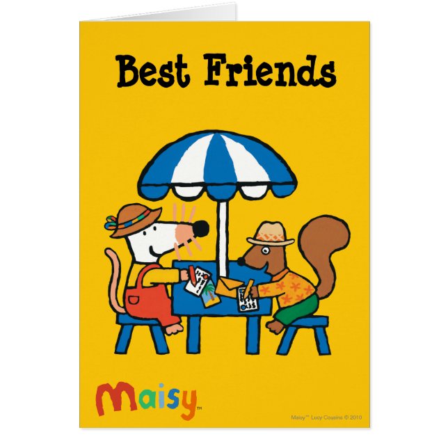 Maisy schreibt Postkarten unter blauen Regenschirm (Vorne)