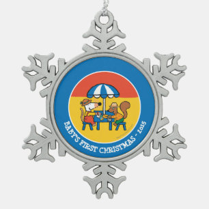 Maisy schreibt Postkarten unter blauen Regenschirm Schneeflocken Zinn-Ornament