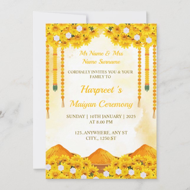 Maiyan Ceremony Invitation Card, Haldi Card Einladung (Vorderseite)