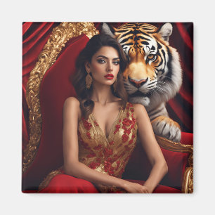 Majestätige Frau mit Tiger   Luxus-Stärke-Wand A Magnet
