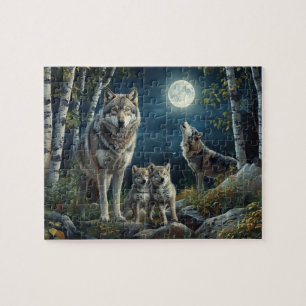 Majestätige Wolfsfamilie Vollmond Birkenwald Puzzle