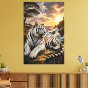 Majestätiger Weißer Tiger beim Ozean-Leuchtturm Leinwanddruck