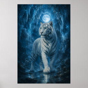 Majestätiger Weißer Tiger unter Mondlicht Blaue Poster