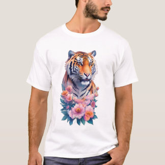 Majestätiges Tigerporträt mit rosa Pfingstrosen T-Shirt