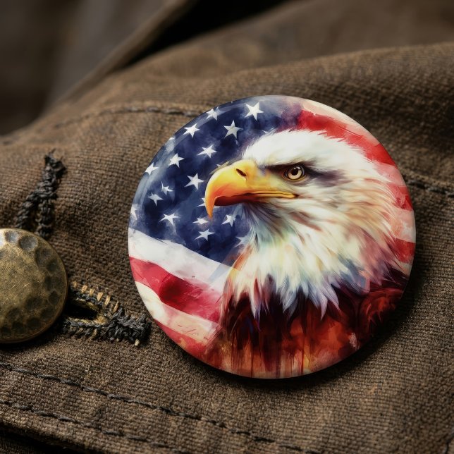 Majestätiges Weißkopfseeadler-Porträt mit amerikan Button (Majestic Bald Eagle Portrait with American Flag. Button)