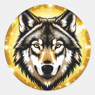 Majestätiges Wolfporträt mit goldenem Hintergrund Runder Aufkleber