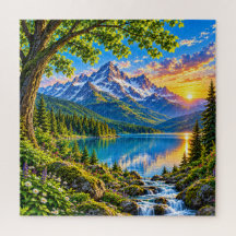 Majestätische alpine Bergsee-Sonnenuntergangslands