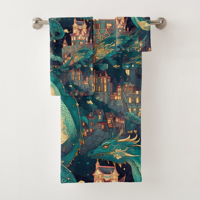 Majestätische Aquamarine Drachen und Dorf Badhandtuch Set (Insitu)