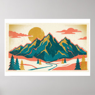 Majestätische Berggipfel Vintage Risograph Poster