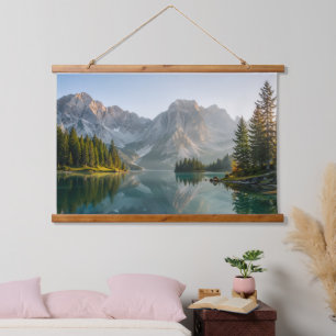 Majestätische Bergsee-Reflektions-Wandkunst Wandteppich Mit Holzrahmen