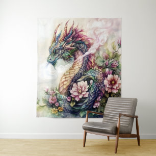Majestätische Blumen-Drachen-Fantasy-Kunst Wandteppich
