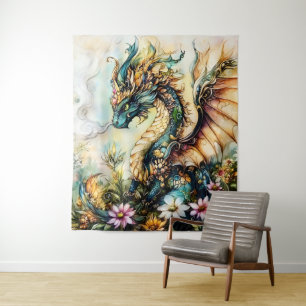 Majestätische Blumen-Drachen-Fantasy-Kunst Wandteppich