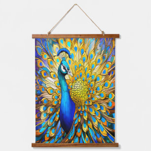 Majestätische Buntglas-Pfau-Kunst im Jugendstil Wandteppich Mit Holzrahmen