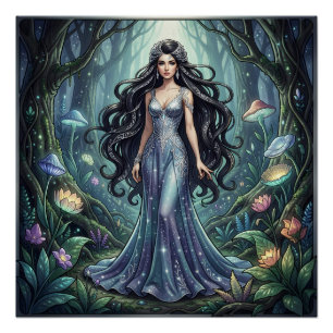 Majestätische Frau mit silbernem Kleid Poster