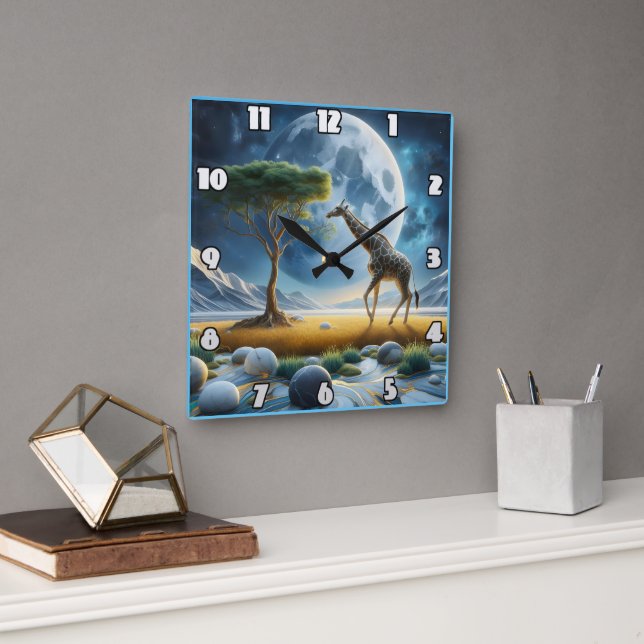 Majestätische Giraffe, die unter dem Himmel des Mo Quadratische Wanduhr (Büro)