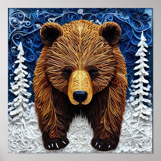 🐻 Majestätische Grizzlybär-Skulptur Kunst Glow ✨ Poster (Vorne)