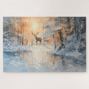Majestätische Hirsche in der Winterwaldkunst Puzzle
