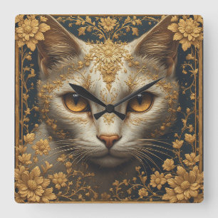 Majestätische Katze mit aufwendigen floralen golde Quadratische Wanduhr